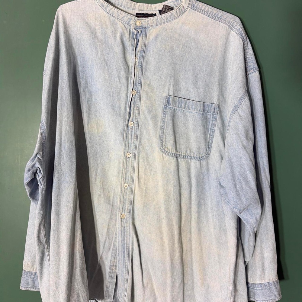 Private Club Vintage Denim Button Up Shirt Band Collar Relaxed Fit Blue 3XL